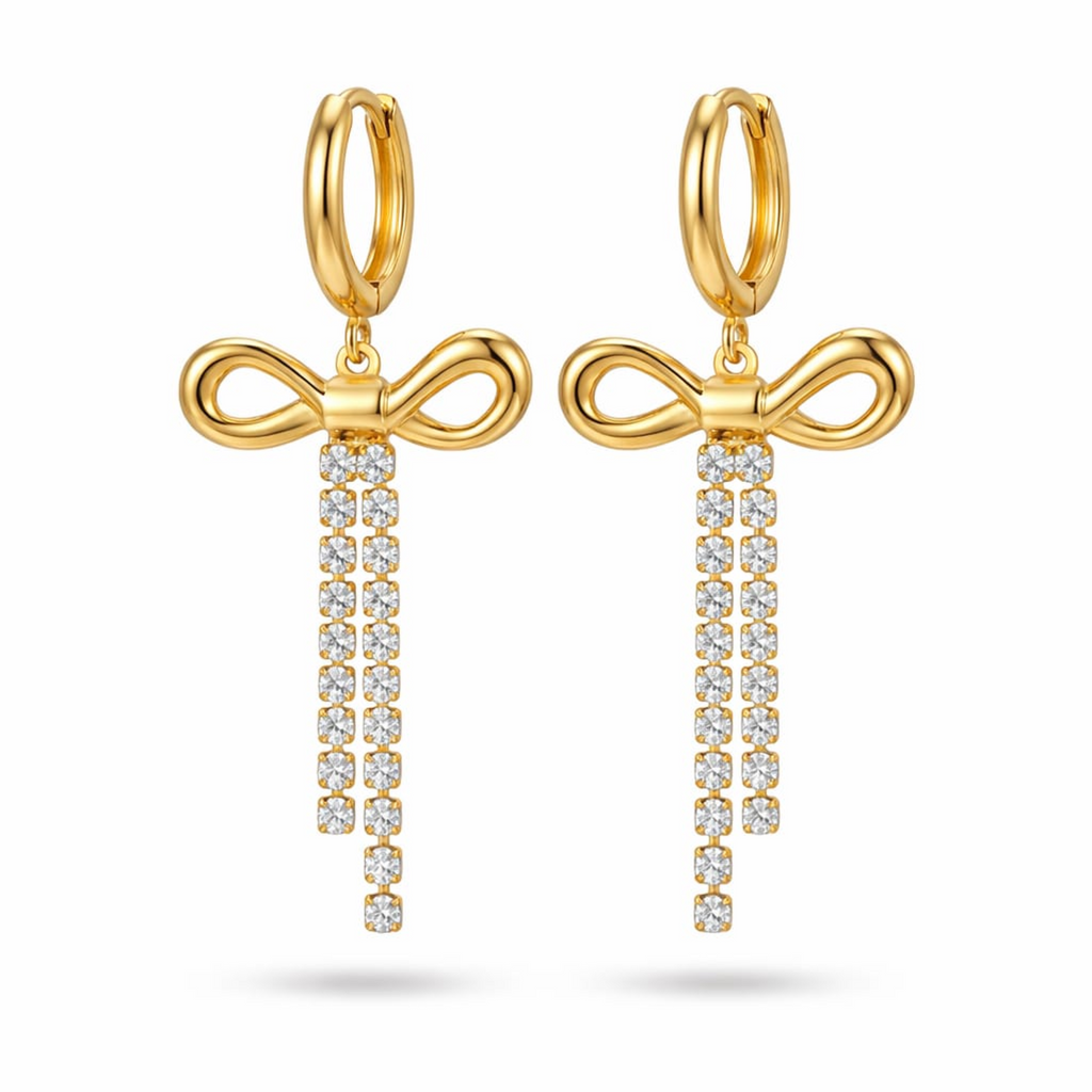 18K Gold Plated Bow Crystal Tassel Hoop Earrings