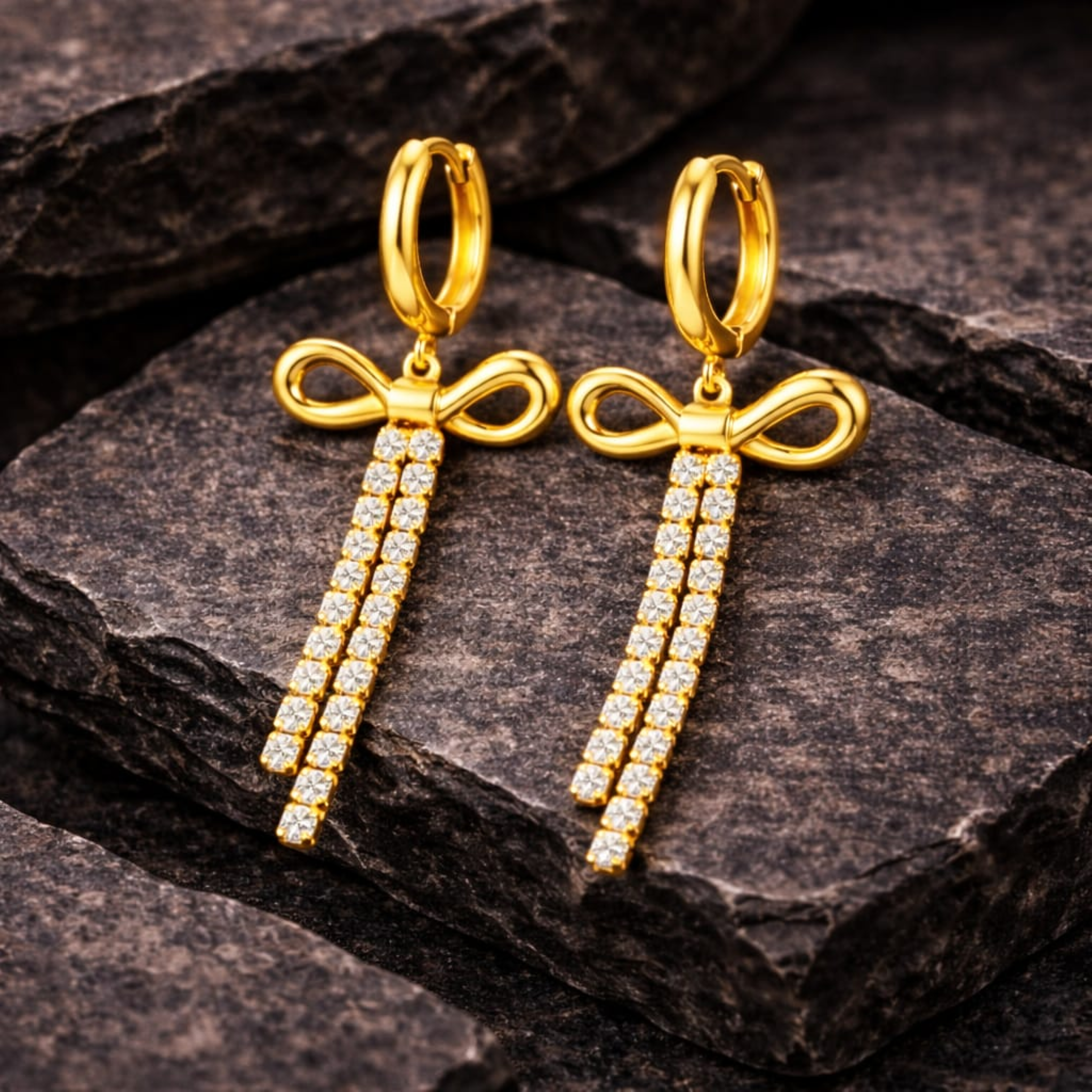 18K Gold Plated Bow Crystal Tassel Hoop Earrings