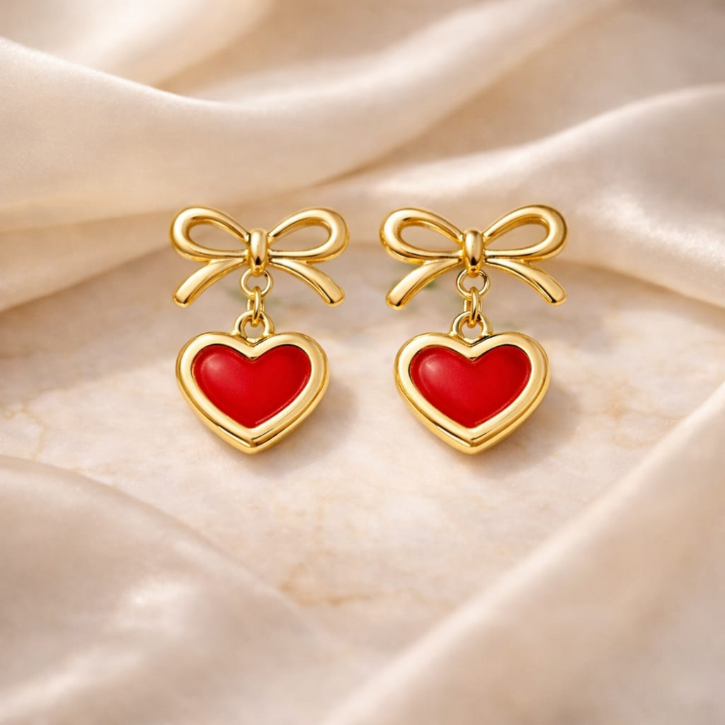 18K Gold Plated Bow Heart Dangle Earrings