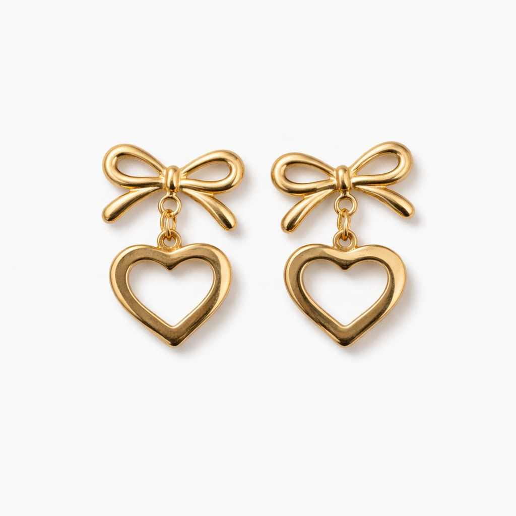 18K Gold Plated Bow Heart Drop Earrings