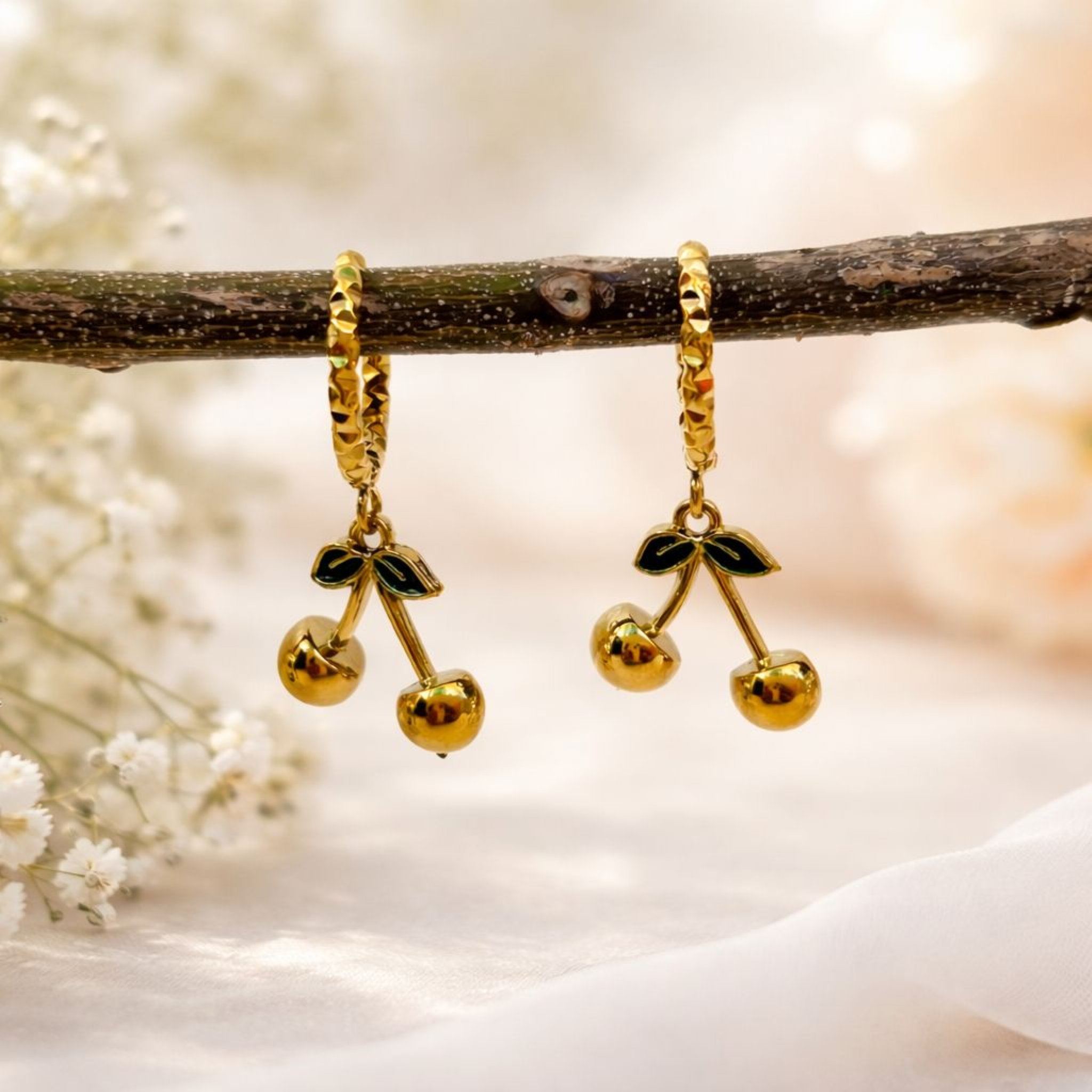 18K Gold Plated Cherry Dangle Hoop Earrings