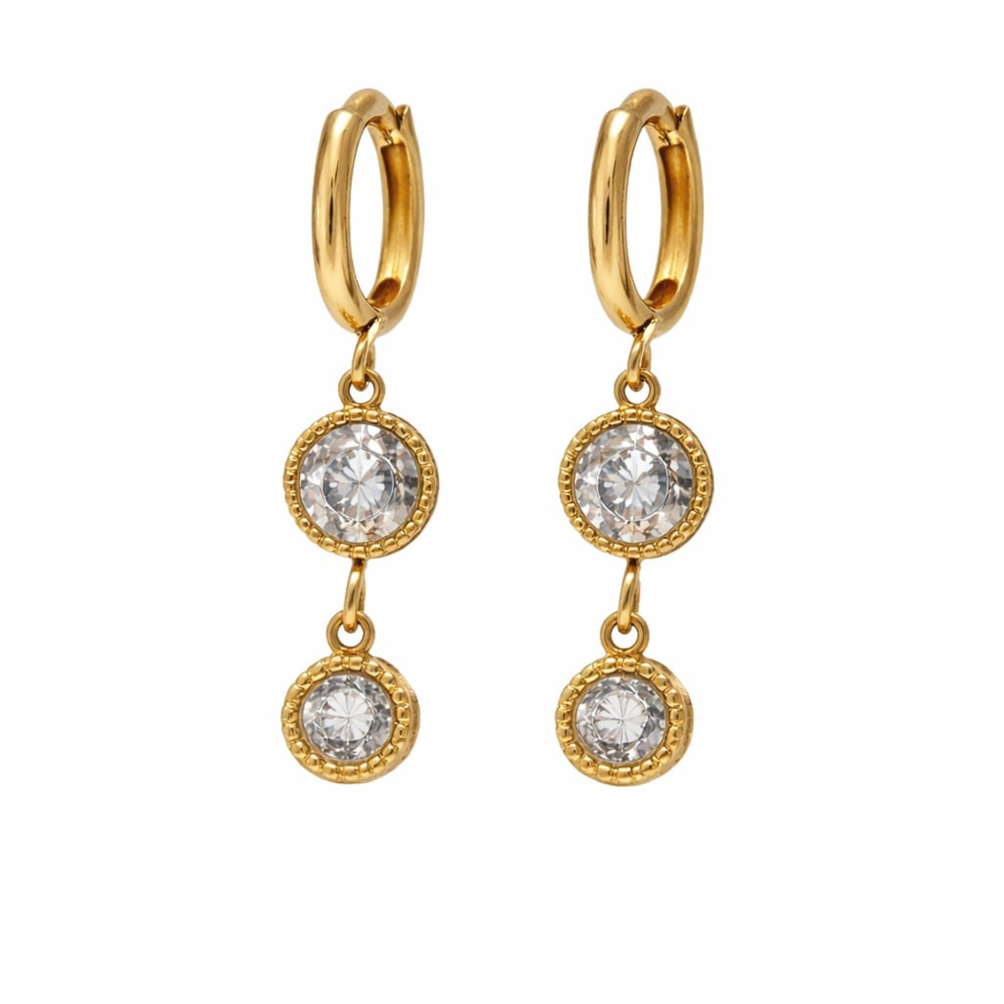 18K Gold Plated Double Crystal Drop Hoop Earrings