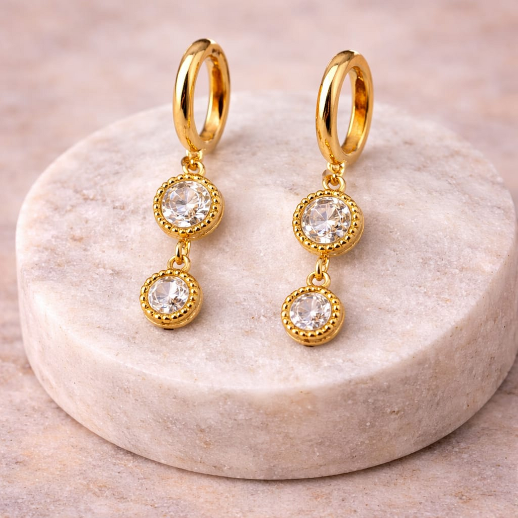 18K Gold Plated Double Crystal Drop Hoop Earrings