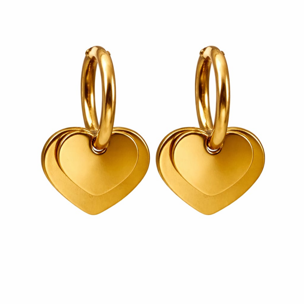 18K Gold Plated Double Heart Charm Hoop Earrings