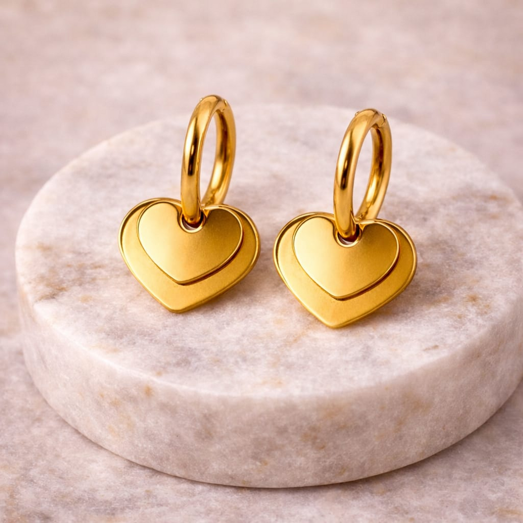 18K Gold Plated Double Heart Charm Hoop Earrings