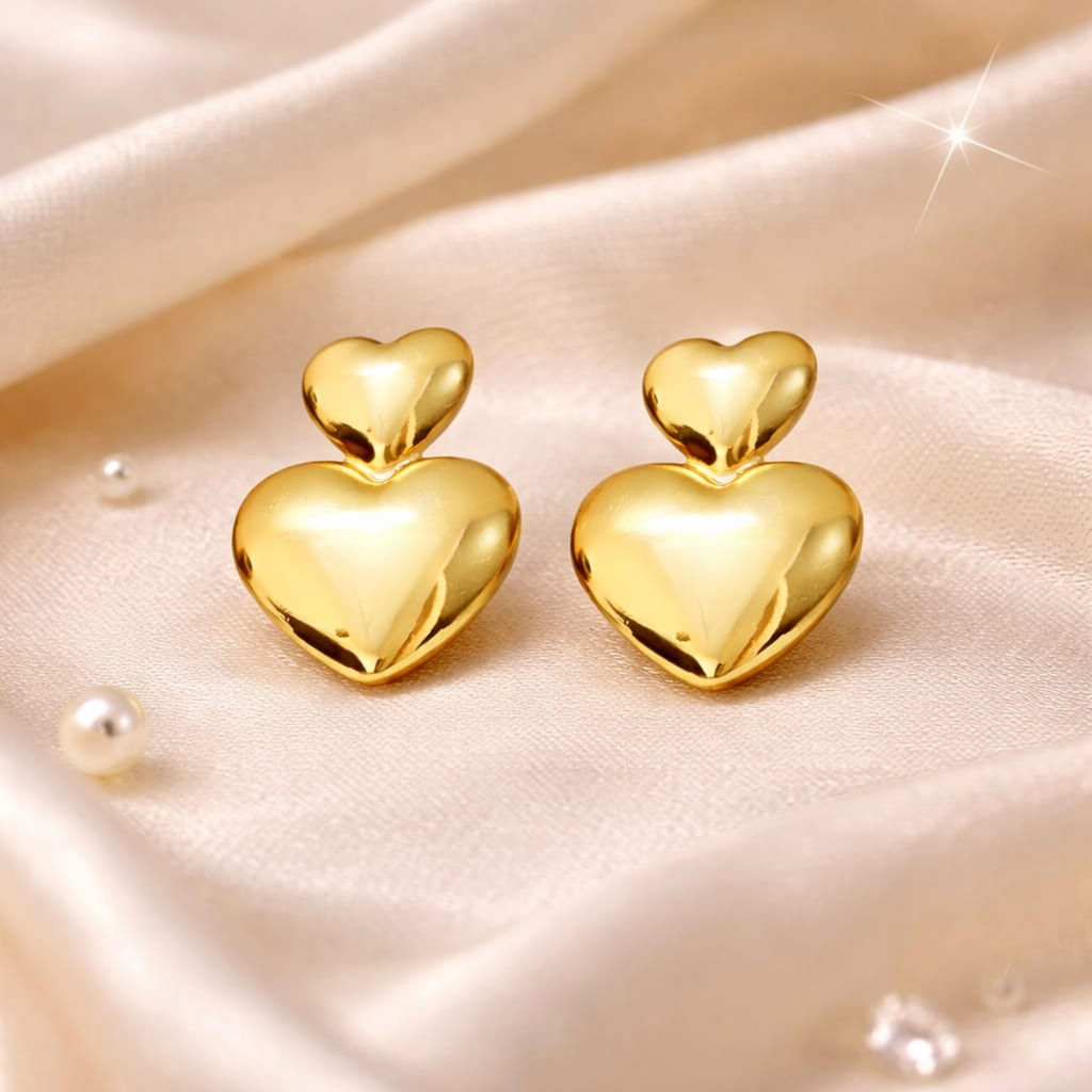 18K Gold Plated Double Heart Stud Earrings