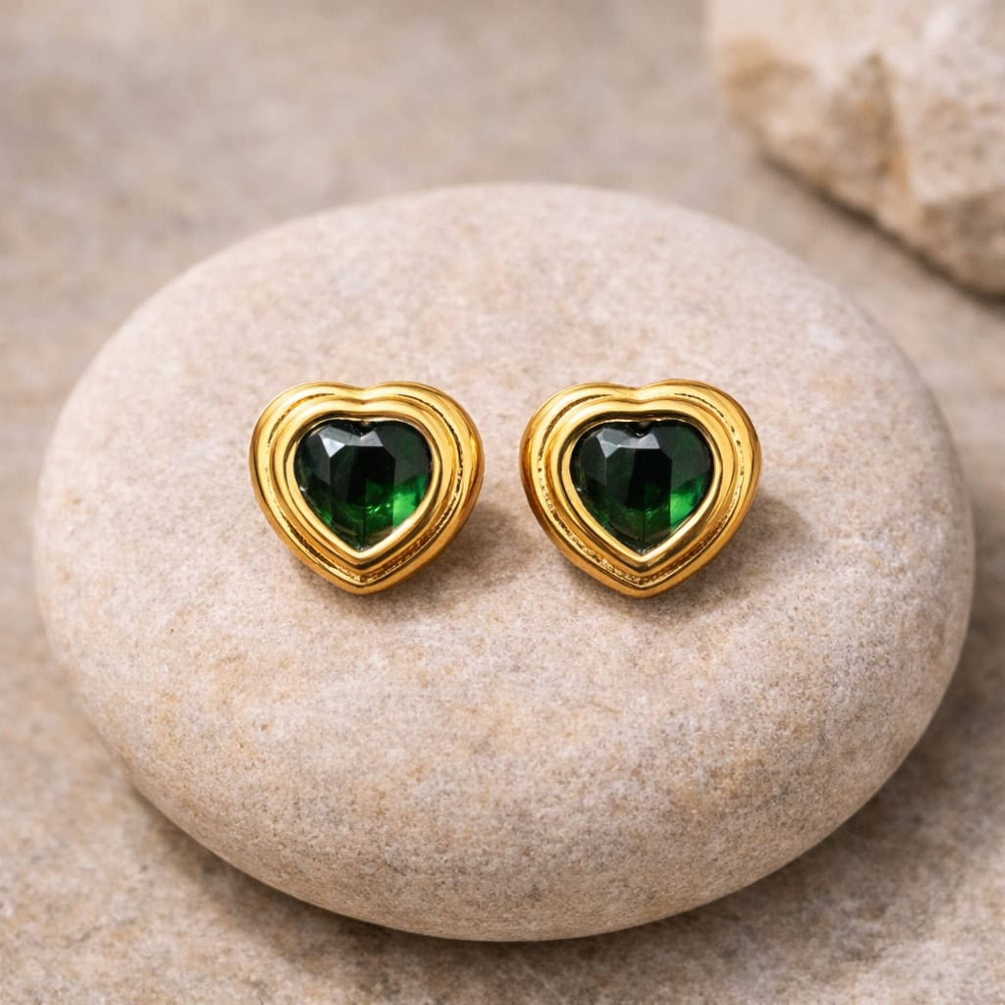 18K Gold Plated Emerald Gold Heart Earrings