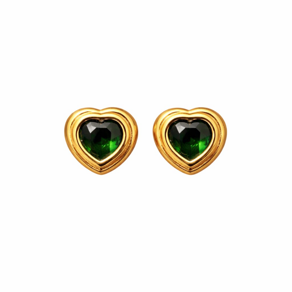 18K Gold Plated Emerald Gold Heart Earrings