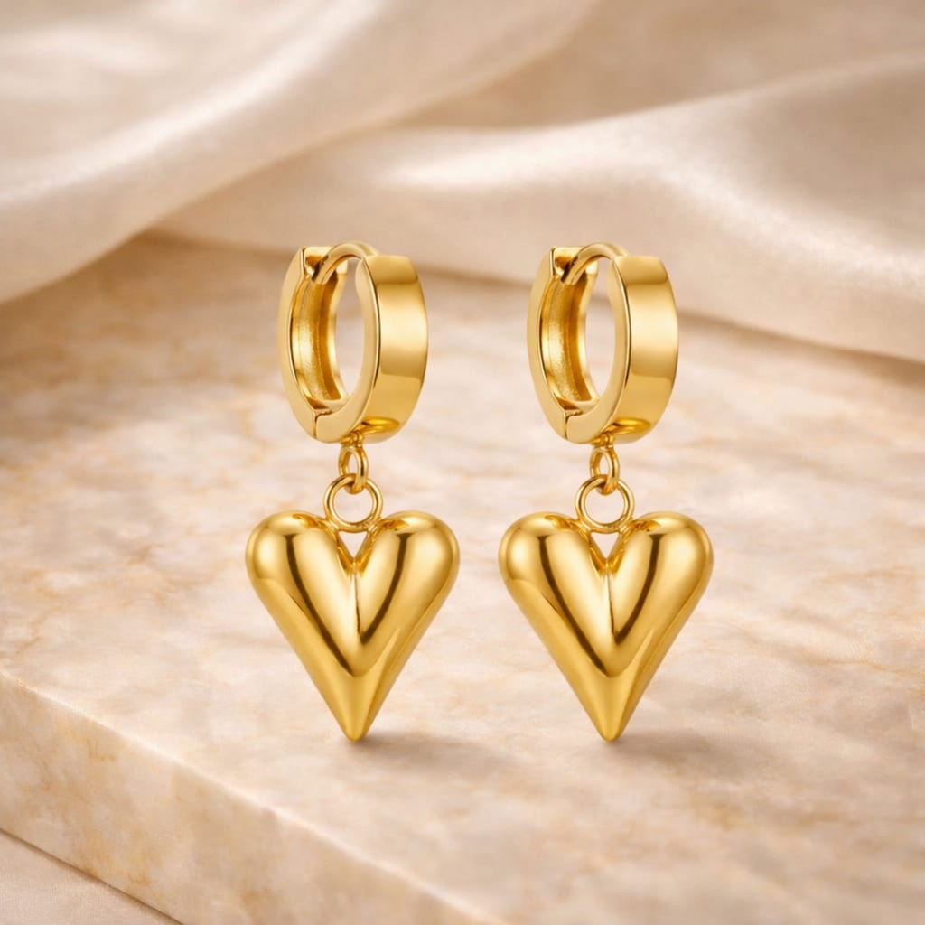 18K Gold Plated Heart Dangle Hoop Earrings