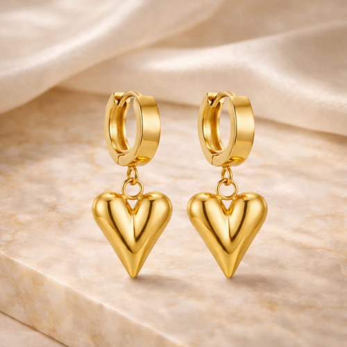 18K Gold Plated Heart Dangle Hoop Earrings