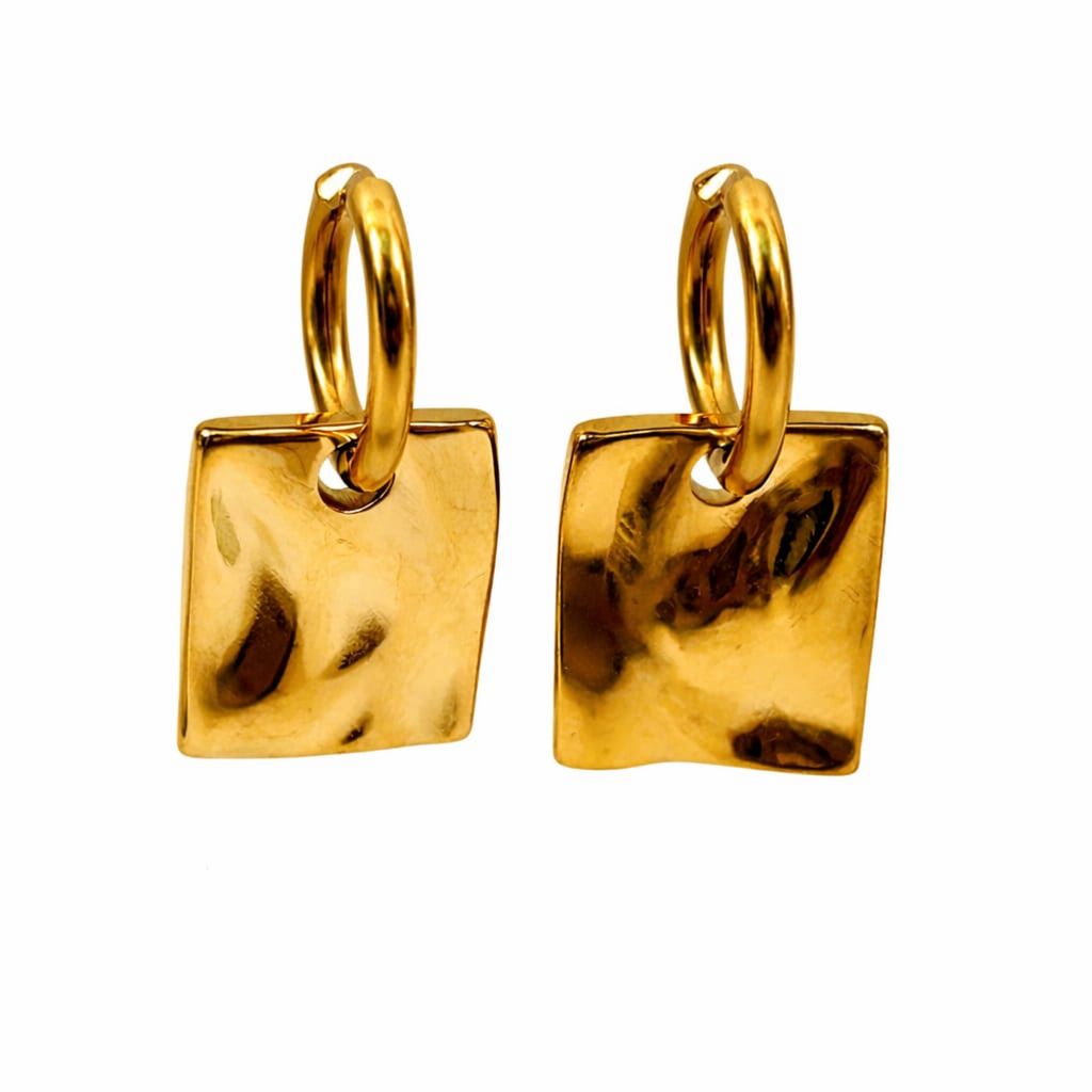 18K Gold Plated Textured Square Drop Hoop Earrings