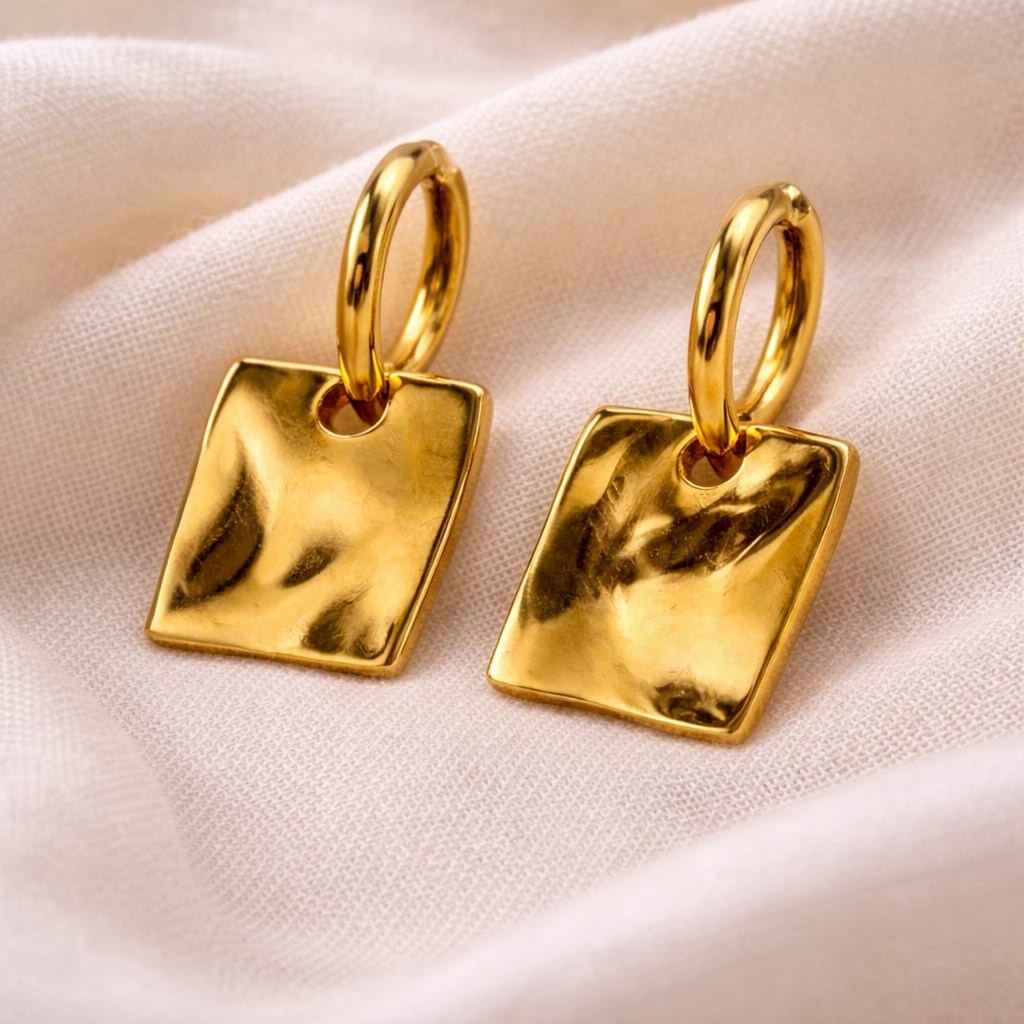 18K Gold Plated Textured Square Drop Hoop Earrings