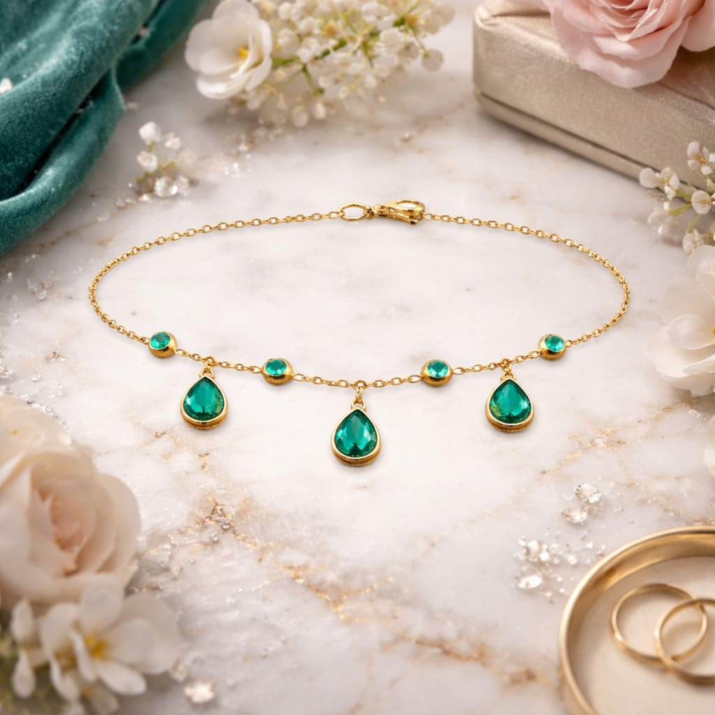 18KT Gold Plated Emerald Drop Charm Bracelet