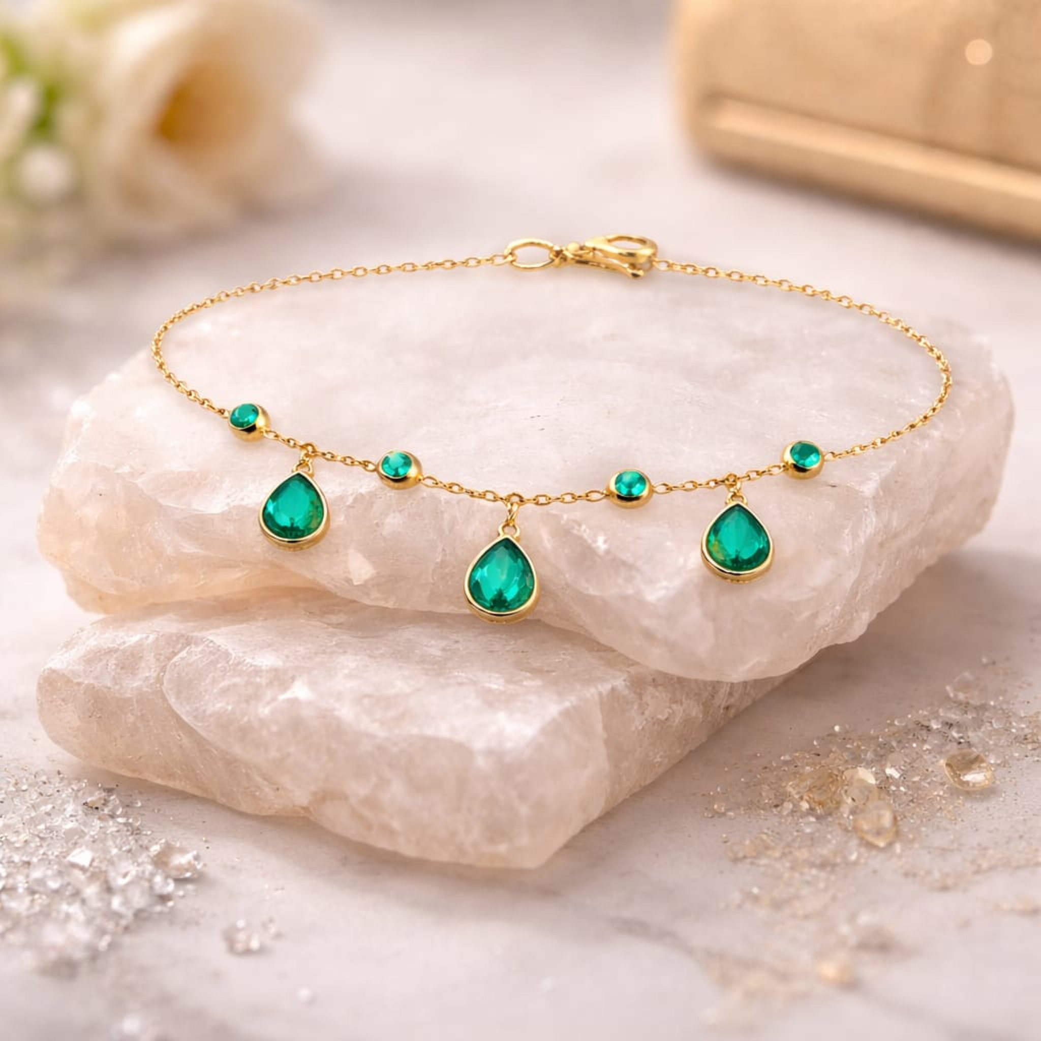 18KT Gold Plated Emerald Drop Charm Bracelet