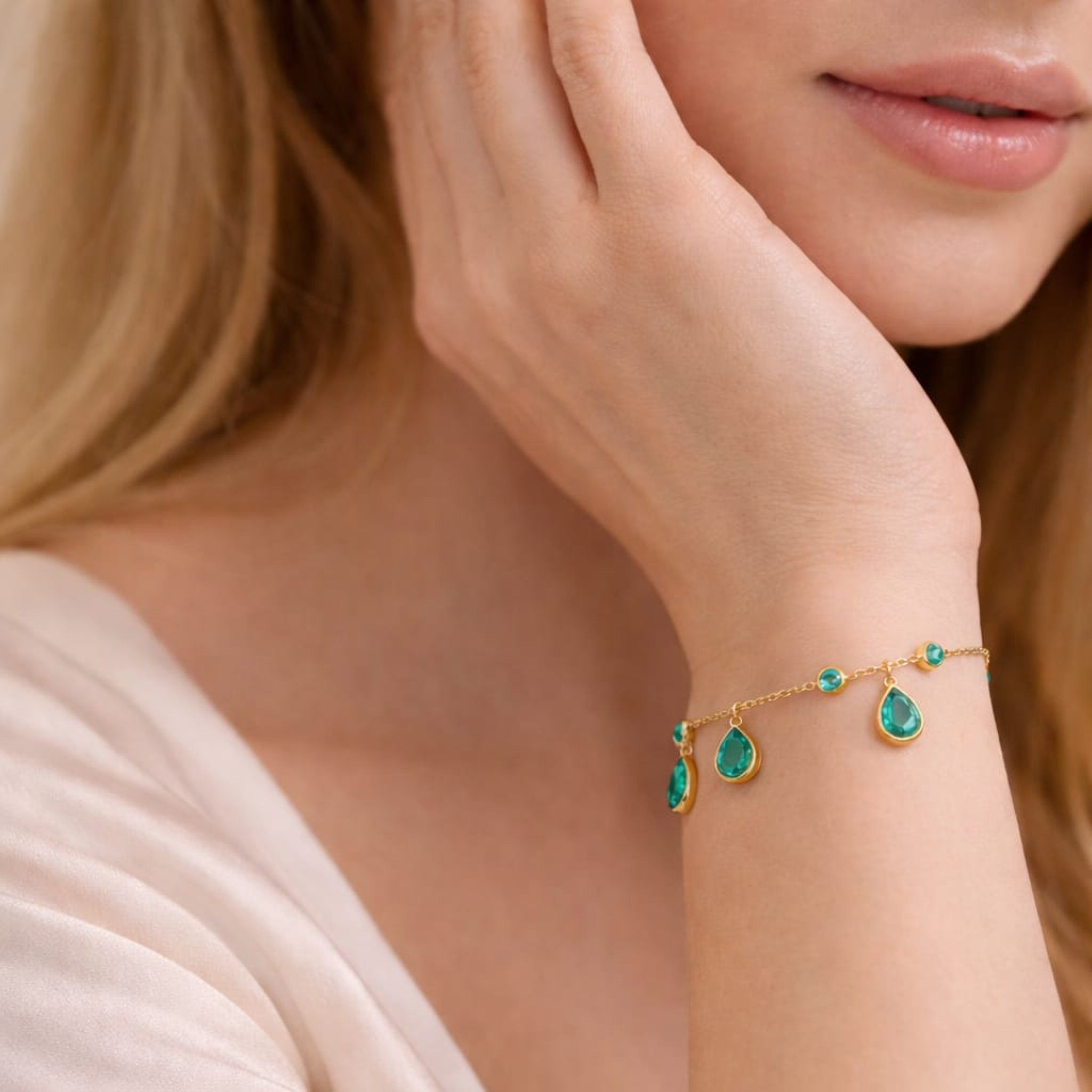 18KT Gold Plated Emerald Drop Charm Bracelet