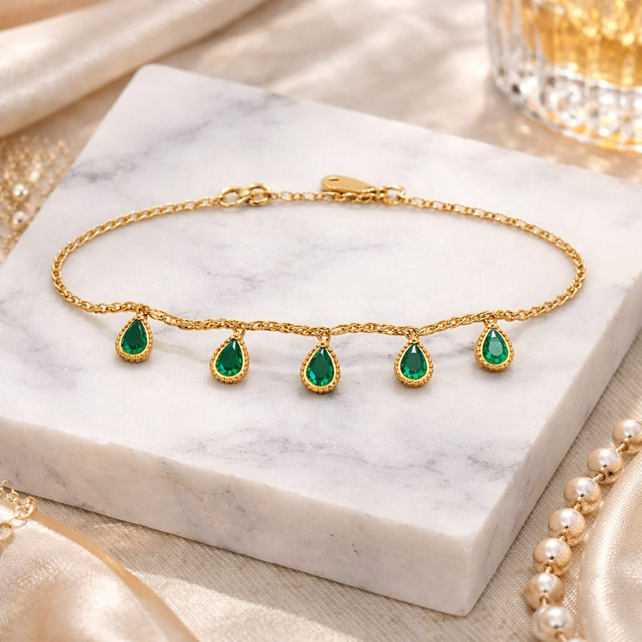 18KT Gold Plated Emerald Teardrop Line Bracelet