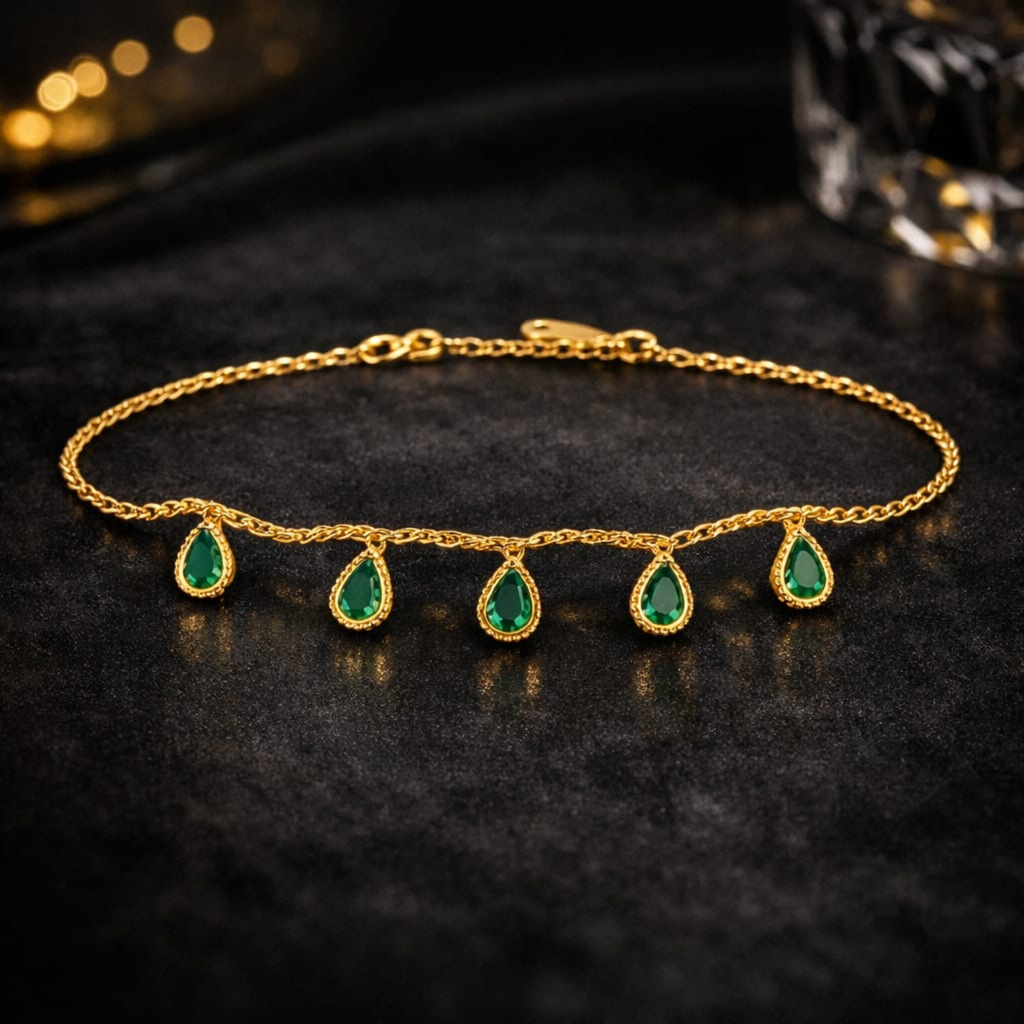 18KT Gold Plated Emerald Teardrop Line Bracelet