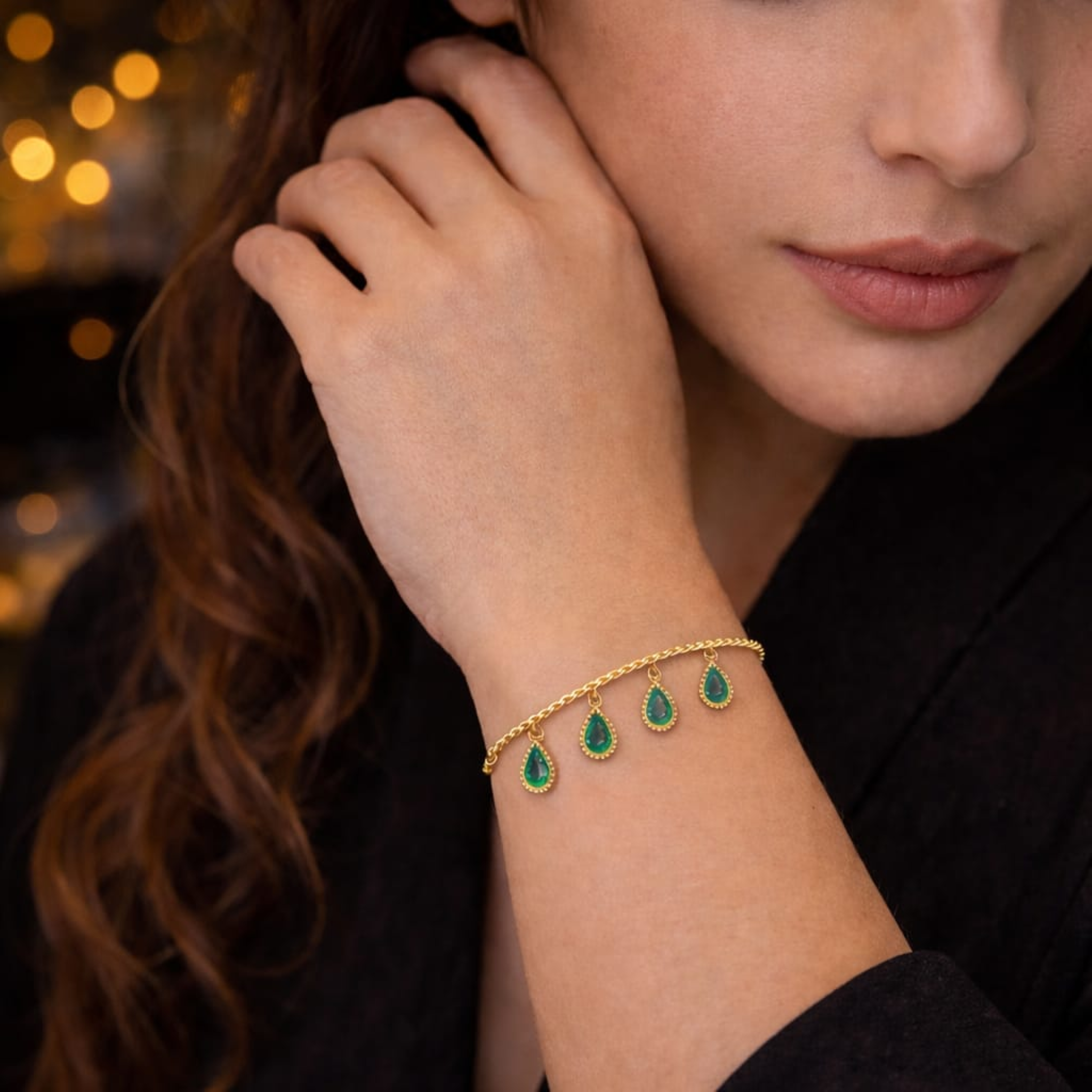 18KT Gold Plated Emerald Teardrop Line Bracelet