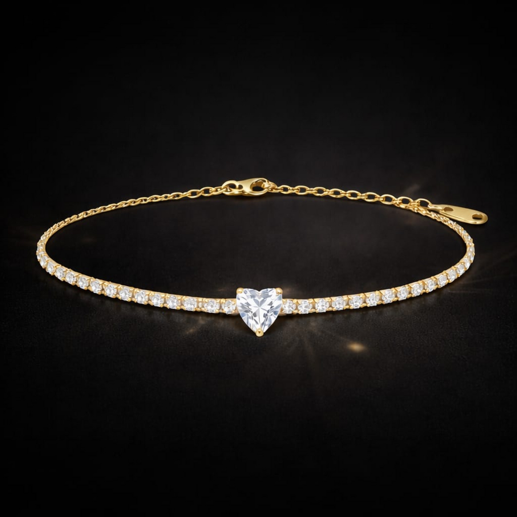18KT Gold Plated Radiant Crystal Heart Tennis Bracelet