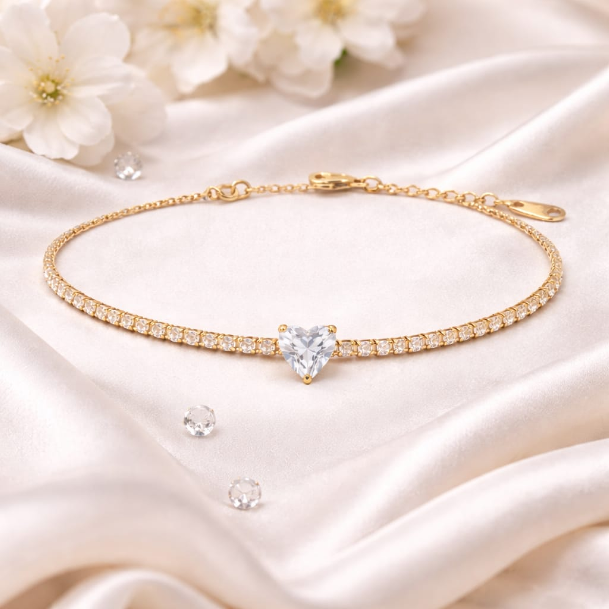 18KT Gold Plated Radiant Crystal Heart Tennis Bracelet