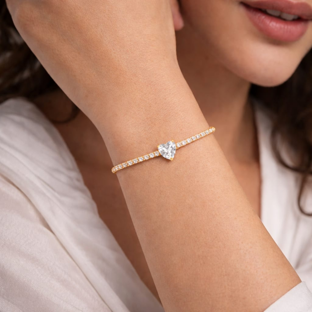 18KT Gold Plated Radiant Crystal Heart Tennis Bracelet