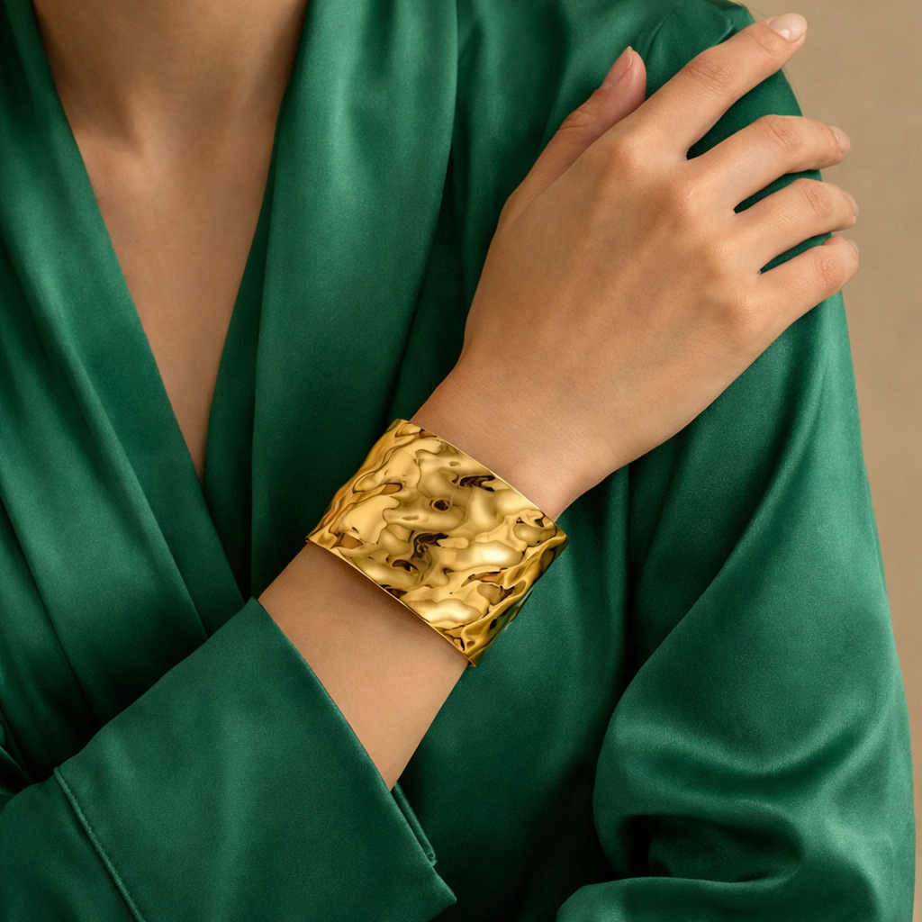 18KT Gold Plated Bold Hammered Bracelet Cuff