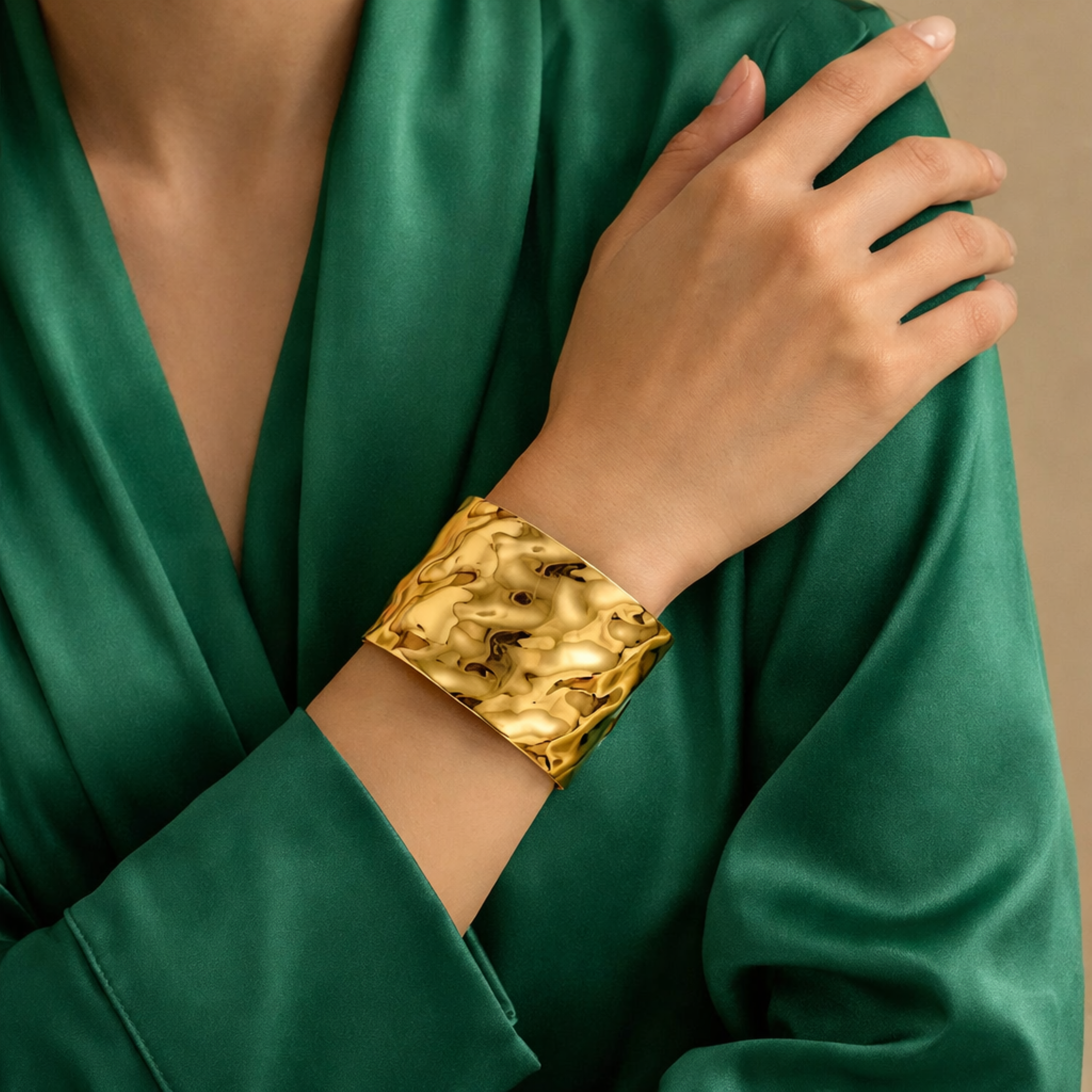 18KT Gold Plated Bold Hammered Bracelet Cuff