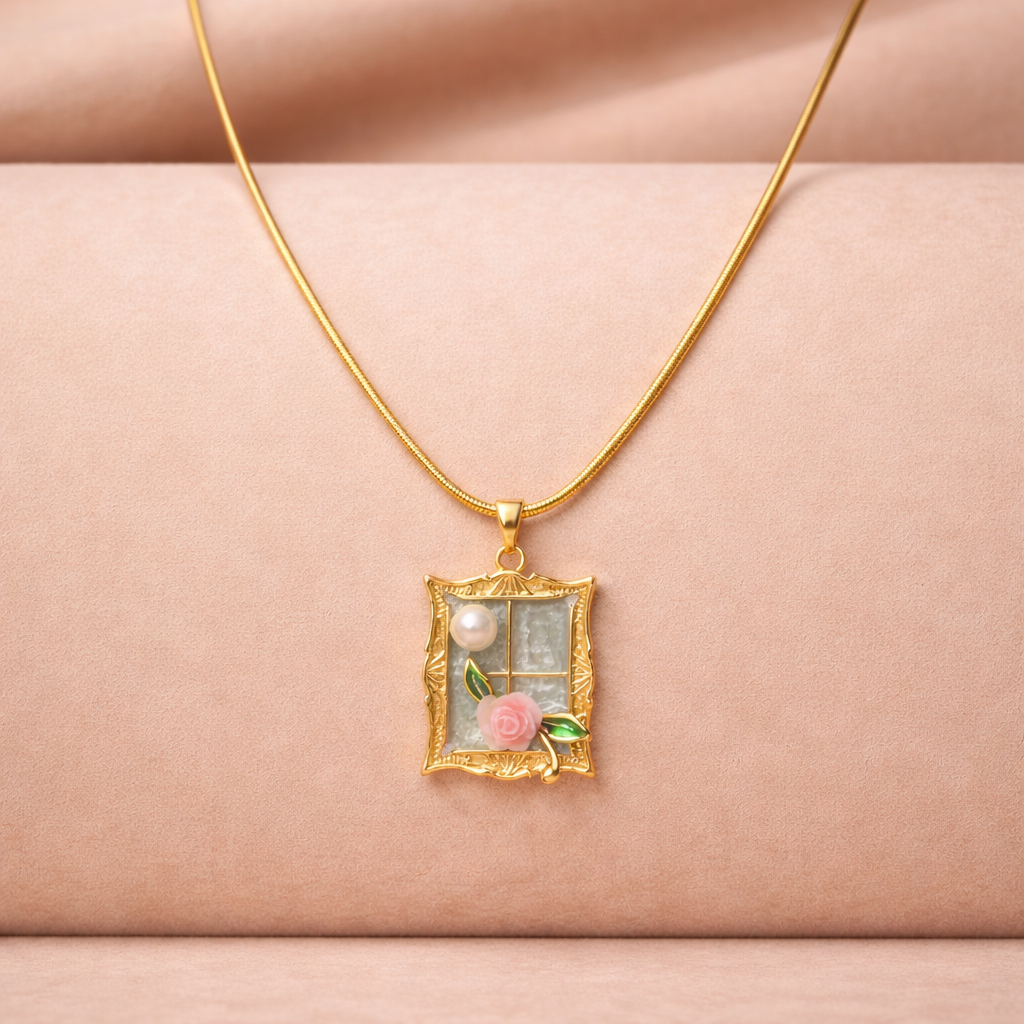 Aqua Bloom Frame Pendant Necklace – 18K Gold Plated