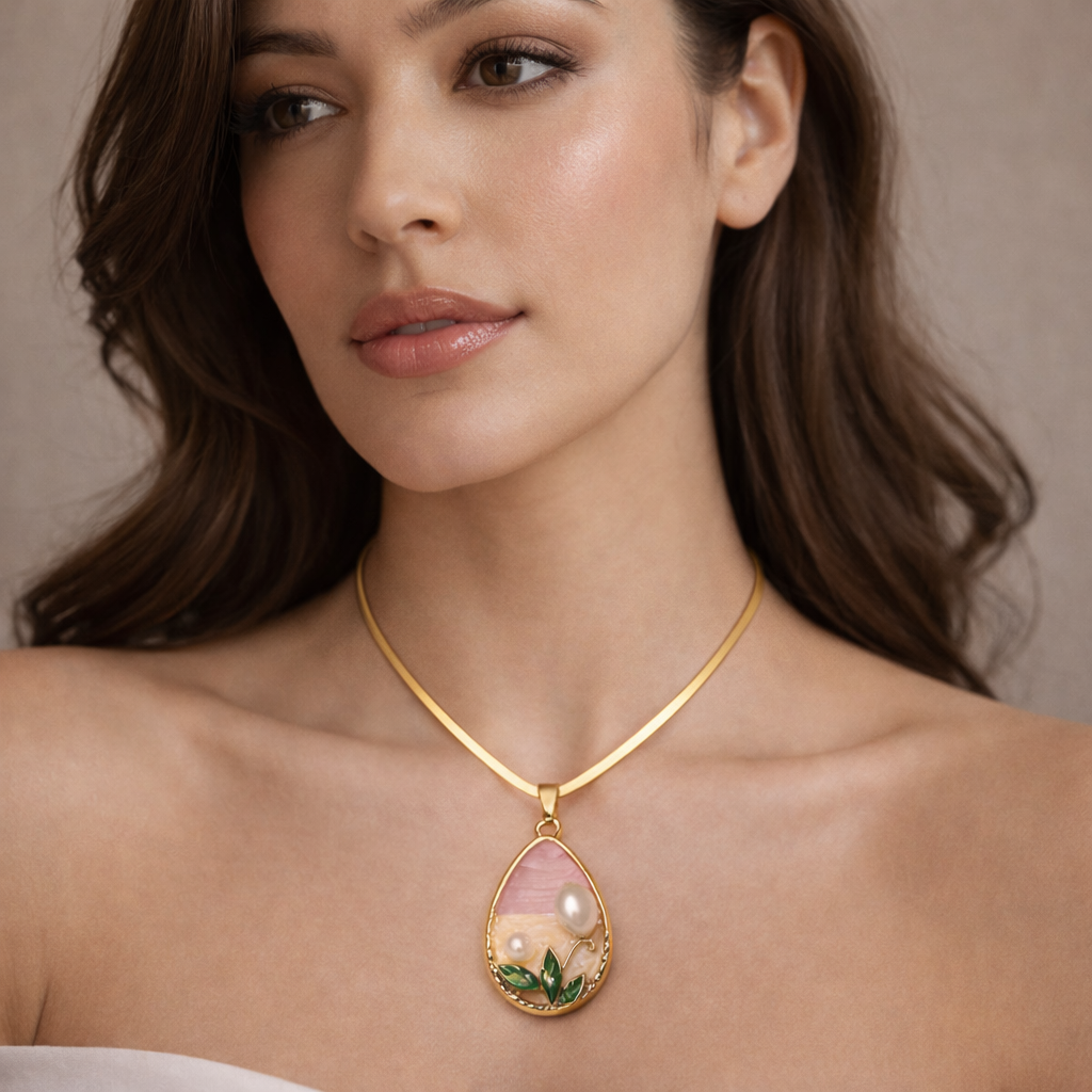 Blush Bloom Oval Pendant Necklace – 18K Gold Plated