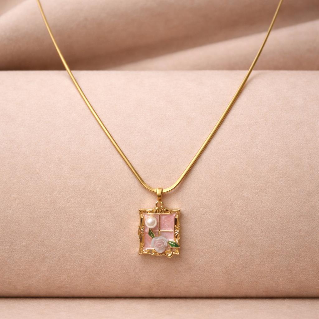 Blush Bloom Frame Pendant Necklace – 18K Gold Plated