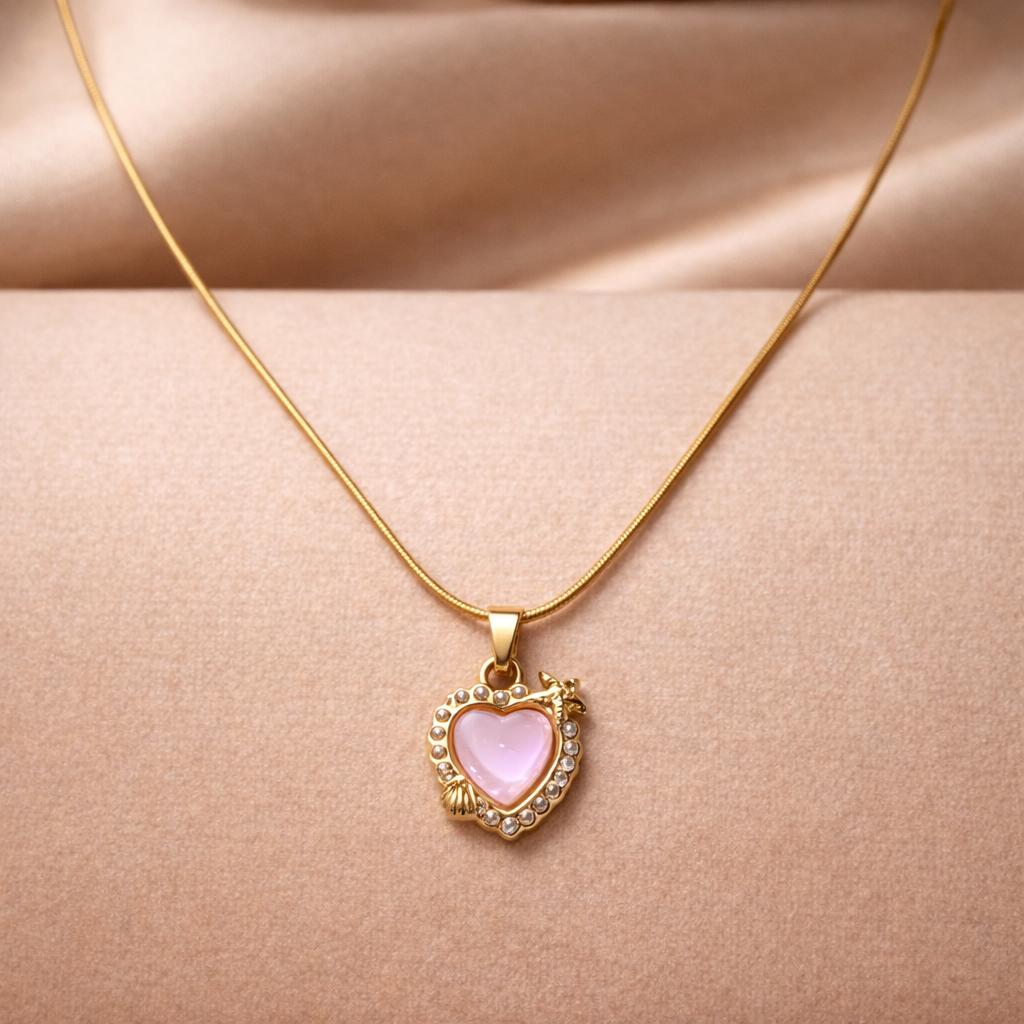Blush Pink Heart Pendant Necklace – 18K Gold Plated