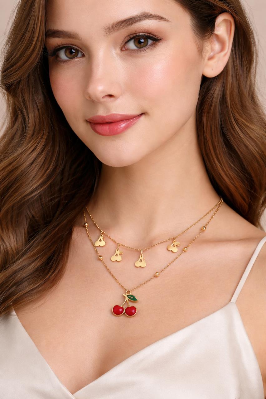 Cherry Charm Cascade Necklace – 18K Gold Plated