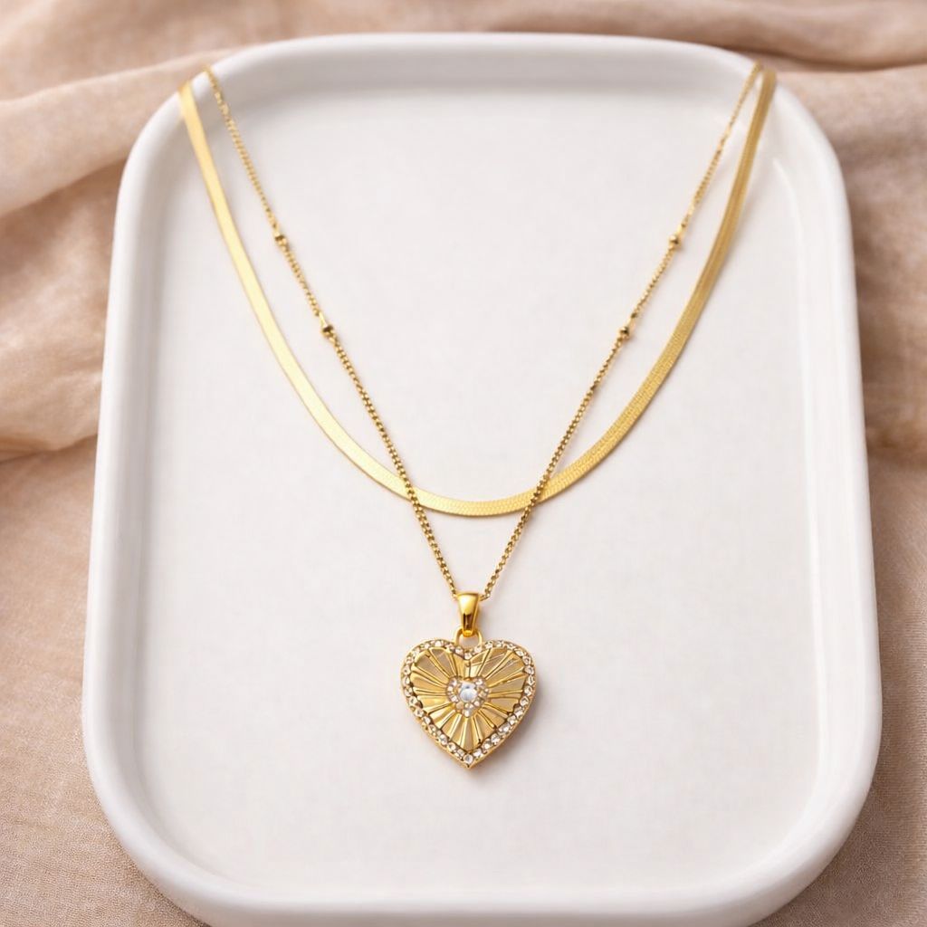 Radiant Heart Layered Necklace – 18K Gold Plated