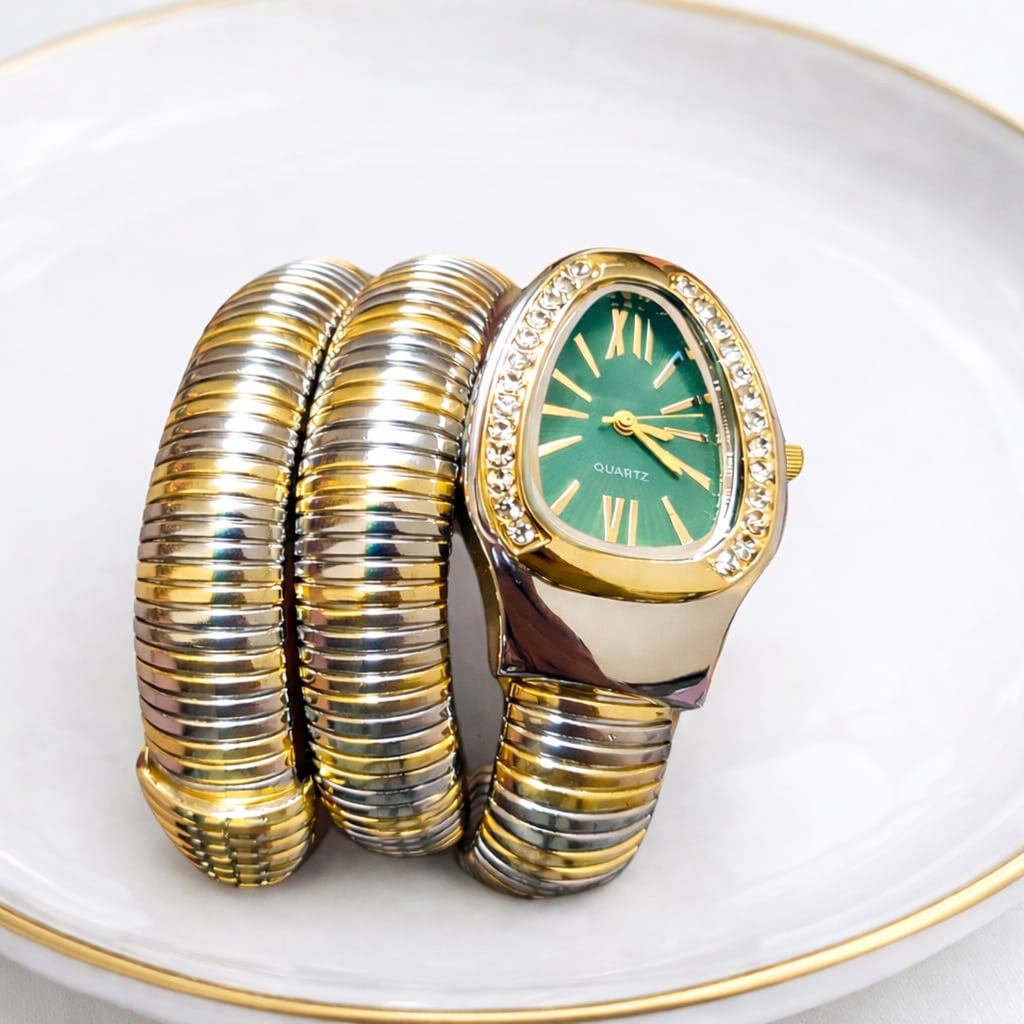 Serpentina Emerald Timepiece – Wrap Watch – Silver & Gold Edition