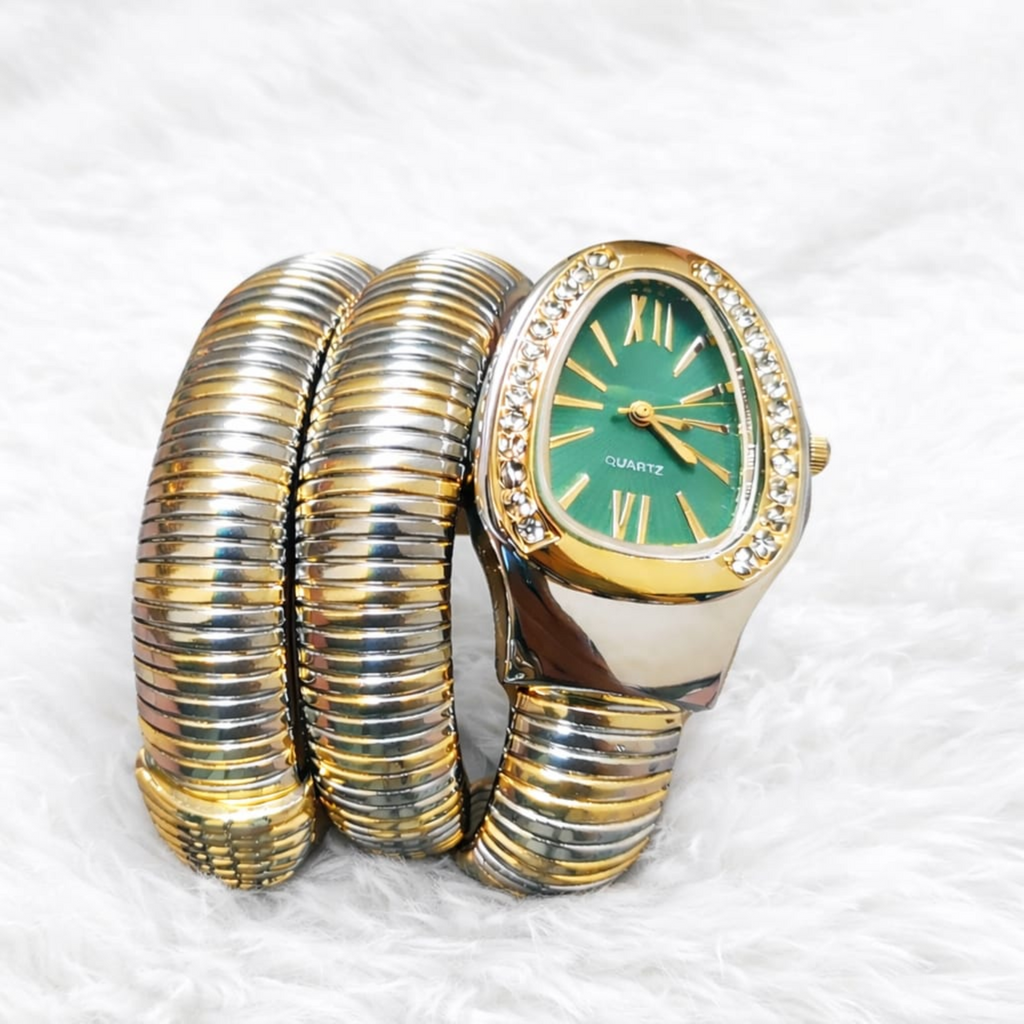 Serpentina Emerald Timepiece – Wrap Watch – Silver & Gold Edition