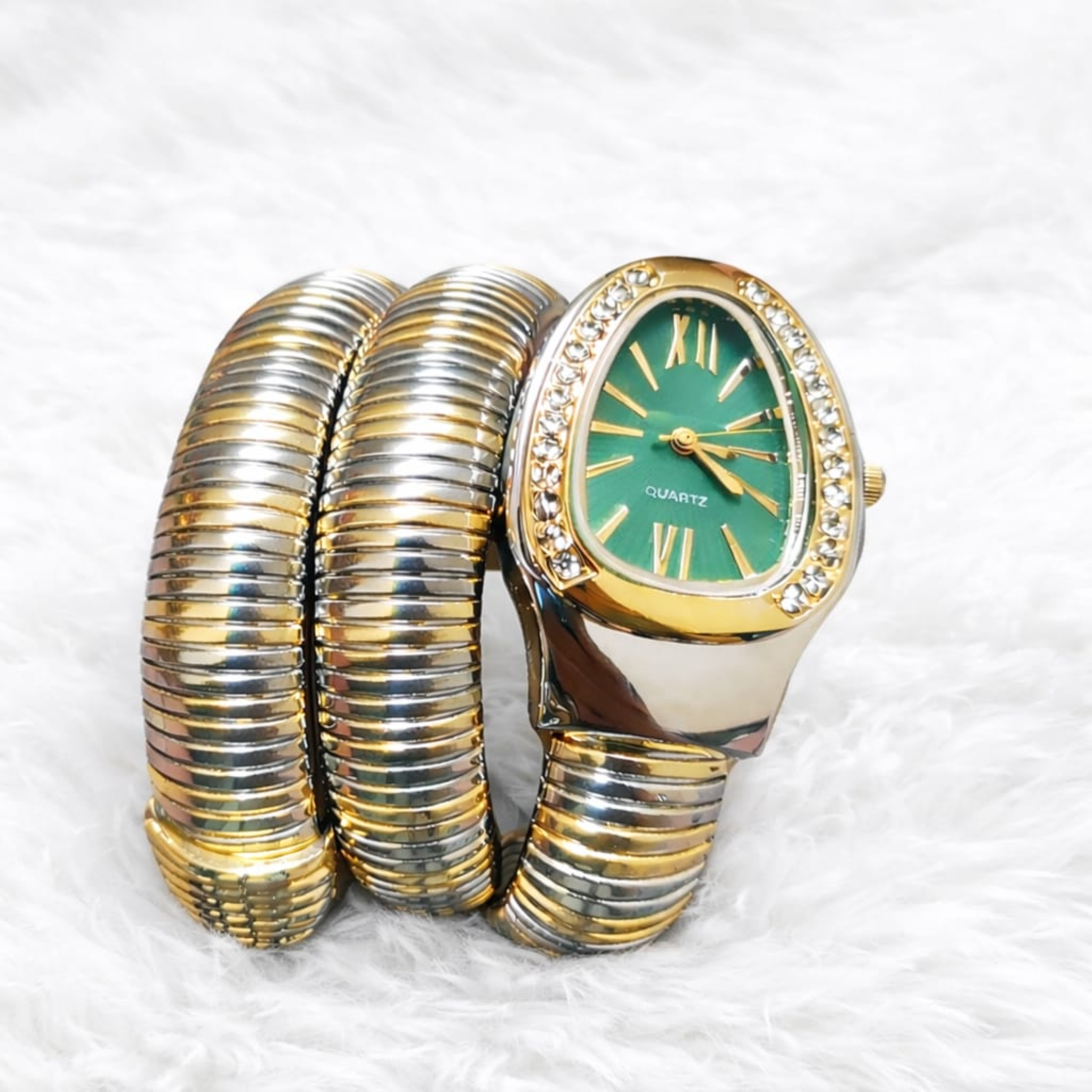 Serpentina Emerald Timepiece – Wrap Watch – Silver & Gold Edition