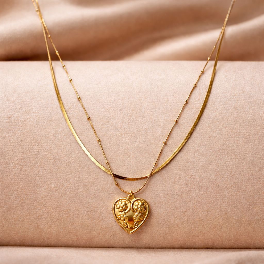 Golden Bloom Heart Layered Necklace – 18K Gold Plated