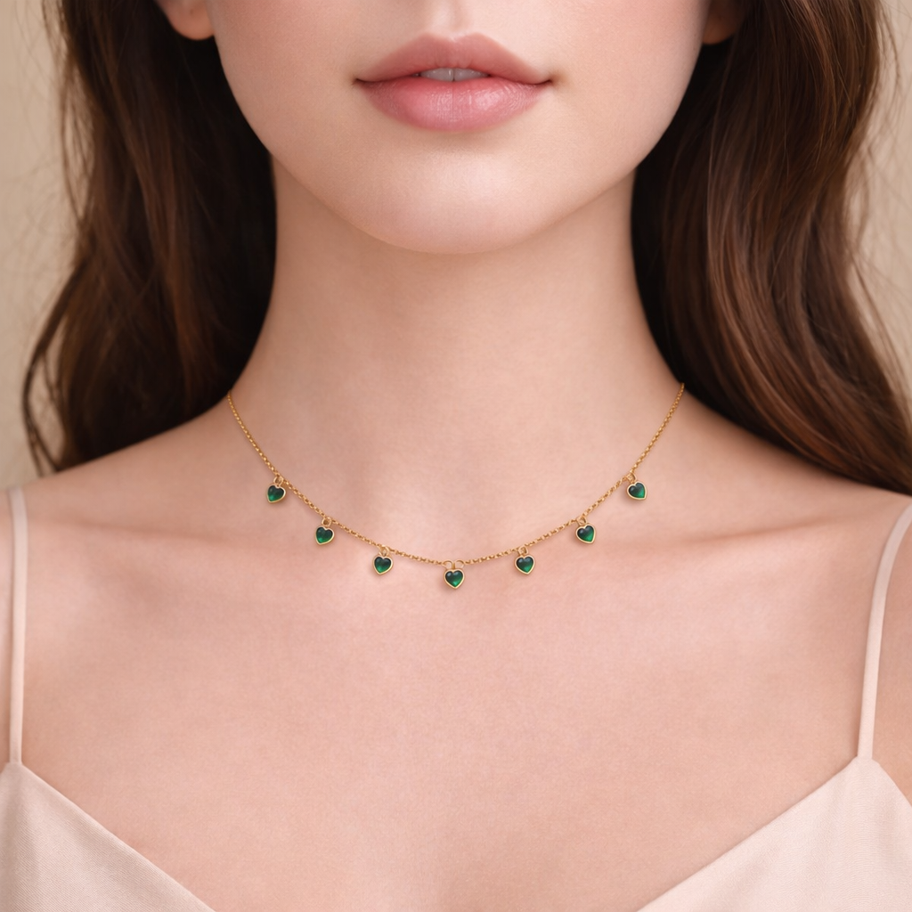 Emerald Heart Cascade Necklace – 18K Gold Plated