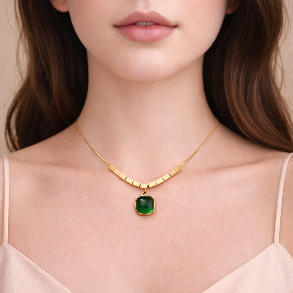Emerald Prism Statement Pendant Necklace – 18K Gold Plated