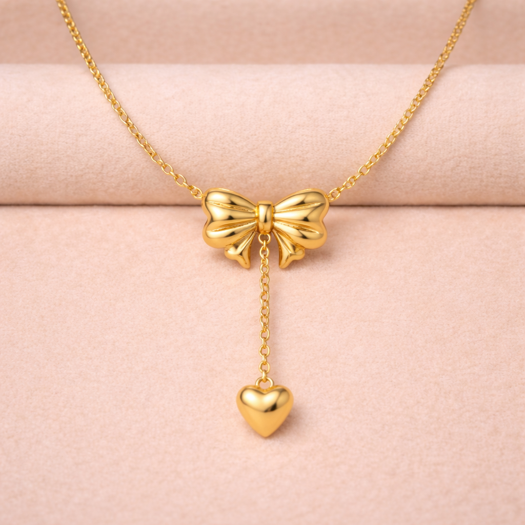 Luxe Bow Drop Heart Necklace – 18K Gold Plated