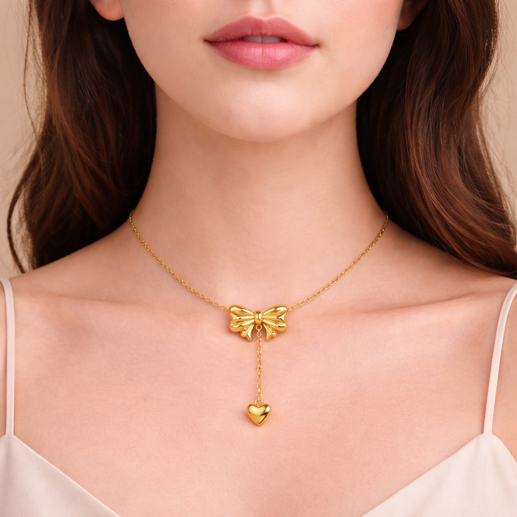 Luxe Bow Drop Heart Necklace – 18K Gold Plated