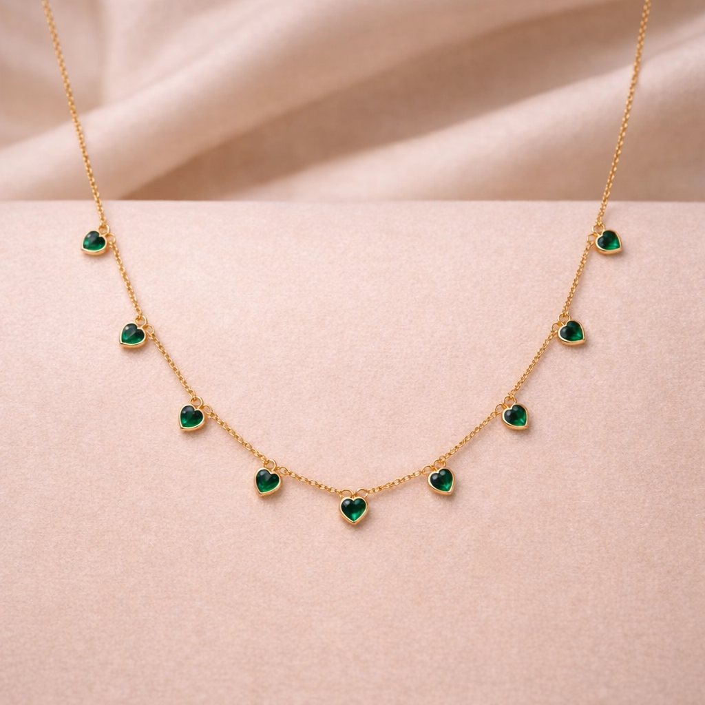 Emerald Heart Cascade Necklace – 18K Gold Plated