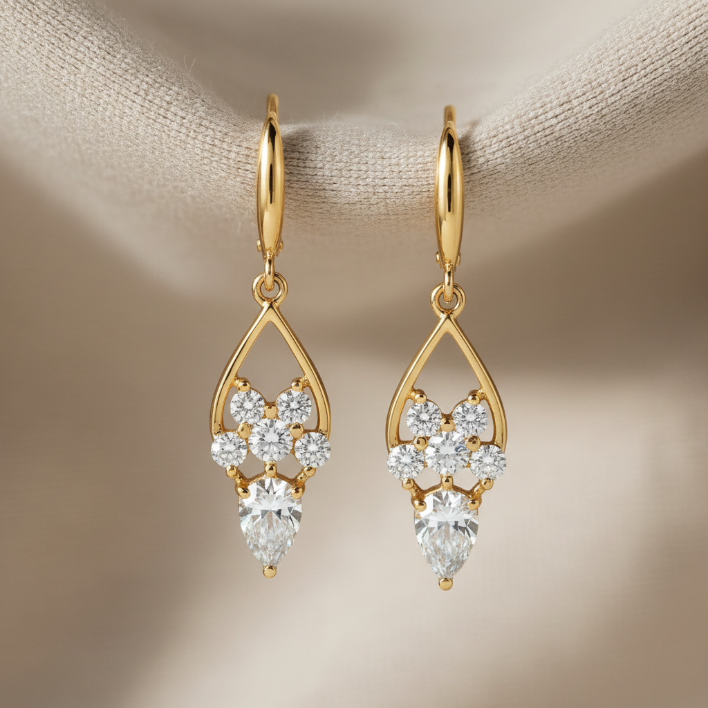 Diamond Drop Earrings with teardrop design in 14k gold