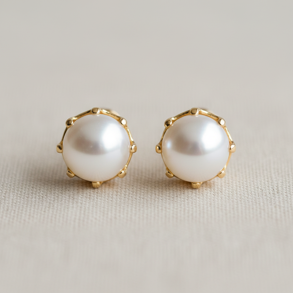 Pearl Stud Earrings with white pearls in 14k gold